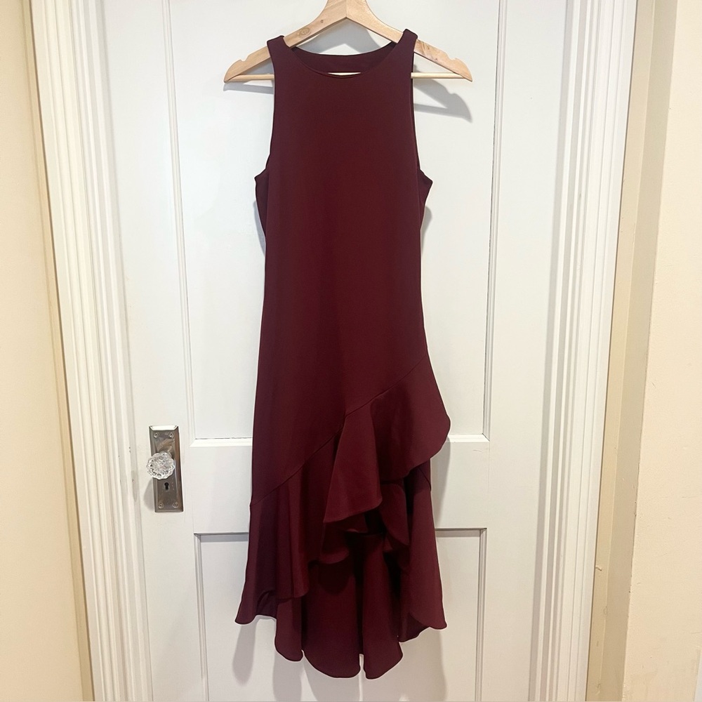 Susana Monaco Vista High Low Ruffle Midi Maxi Dress Maroon Burgundy M